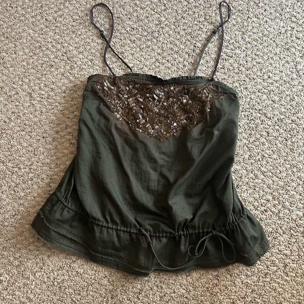 Ruehl Size Small Olive Green & Gold Embellished Top